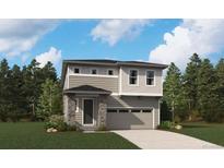 Charming two-story home with stone accents, neutral siding, manicured lawn, and attached two car garage at 45915 Wood Thrush Ave, Bennett, CO 80102