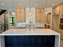 A modern kitchen featuring custom cabinetry, a large island with seating, and designer light fixtures at 2442 S Saint Paul St, Denver, CO 80210