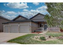 Charming single-Gathering home featuring a three-car garage, stone accents, and a well-maintained front yard at 16397 Sheridan Dr, Parker, CO 80134