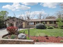 Charming single-story home with brick accents, a well-manicured lawn, and mature trees at 1164 W 101St Pl, Northglenn, CO 80260