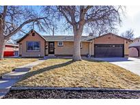 Charming ranch-style home with brick and siding exterior, mature tree, and attached garage at 1376 S Zephyr Ct, Lakewood, CO 80232