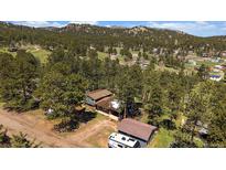 Stunning aerial view of mountain home nestled in a serene forest setting, perfect for nature lovers at 29827 Gigi Rd, Evergreen, CO 80439
