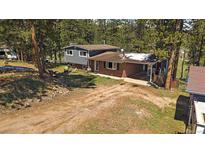 Charming home featuring a brick facade, a lush green yard, and a covered parking area at 29827 Gigi Rd, Evergreen, CO 80439