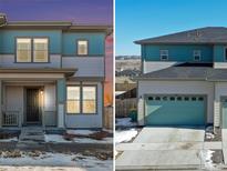 Inviting two-story home showcasing light blue and gray exterior paint and a covered front porch at 14106 Red Cosmos St, Parker, CO 80134