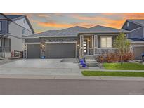 Charming single-story home with a well-manicured lawn, three-car garage, and a welcoming front porch at 12846 Palisade St, Mead, CO 80504
