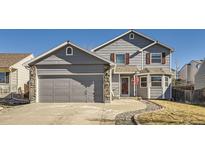 Charming two-story home with a gray exterior, stone accents, and a well-maintained front yard at 11042 Blackwolf Ln, Parker, CO 80138