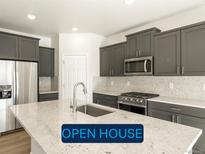 Modern kitchen featuring stainless steel appliances, gray cabinets, and a large island with granite countertops at 6068 Corral St, Brighton, CO 80601