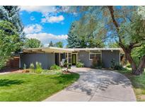 Charming single-story home with a well-manicured lawn, mature trees, and a curved driveway leading to the entrance at 1338 S Fairfax St, Denver, CO 80222