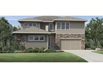 Charming two-story home with a mix of stone and siding, plus an attached two-car garage and a well-manicured front yard at 6309 Cristobal Pt, Parker, CO 80134