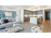 Bright living space featuring an open floor plan with modern gray cabinets and stainless steel appliances at 1750 Wewatta St # 809, Denver, CO 80202