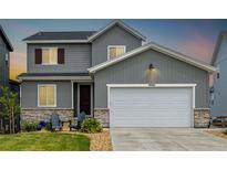 Charming two-story home featuring gray siding, a two-car garage, and a well-maintained front yard at 9406 Bross St, Arvada, CO 80007