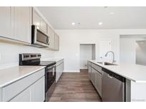 Modern kitchen featuring stainless steel appliances and light gray cabinetry at 19079 E 94Th Pl, Commerce City, CO 80022