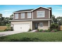 Charming two-story home with a two-car garage, manicured lawn, and inviting curb appeal at 48270 Shetland Dr, Bennett, CO 80102