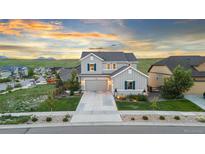 Charming two-story home with gray siding, green shutters, landscaped yard, and a two car garage at 17335 W 94Th Ave, Arvada, CO 80007