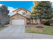 Charming two-story home featuring a stone facade and well-maintained front yard with mature trees at 7211 Wiltshire Ct, Highlands Ranch, CO 80130