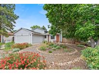 Charming single-Gathering home with a well-manicured front yard, vibrant flower beds, and mature trees at 4194 S Kalispell St, Aurora, CO 80013