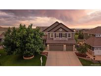 Stunning two-story home featuring a three-car garage, mature tree, and manicured lawn on a large lot at 11691 Riverdale Dr, Parker, CO 80138