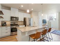 Modern kitchen featuring stainless steel appliances, granite countertops, and white cabinetry at 19593 W 93Rd Ln # E, Arvada, CO 80007