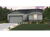 Charming single-Gathering home featuring a two-car garage and well-manicured front lawn with landscape lighting at 4295 Gozzer Ranch Dr, Elizabeth, CO 80107