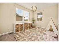 Bright bedroom featuring a patterned rug, stylish light fixture, and storage shelves at 7895 Julsburg Cir, Littleton, CO 80125