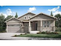 Charming single-Gathering home with a stone and shake shingle facade, a covered porch, and a two-car garage at 3967 Descent St, Castle Rock, CO 80108
