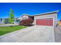 Charming single-Gathering home showcasing a well-maintained lawn and a red two-car garage door at 6221 N Easton Ave, Frederick, CO 80504