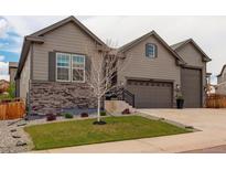 Beautiful home exterior featuring a well manicured lawn, stone accents, and a three car garage at 6899 Petunia Pl, Castle Rock, CO 80108