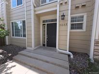 Charming entryway with a black front door, stone steps and manicured landscaping at 1347 Carlyle Park Cir, Highlands Ranch, CO 80129