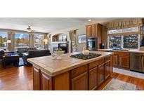 Open kitchen with island, gas cooktop, and views into the living room at 1021 Neptunite Pl, Castle Rock, CO 80108