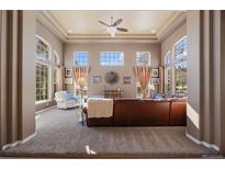 Spacious living room with large windows and a comfortable leather sectional at 1021 Neptunite Pl, Castle Rock, CO 80108