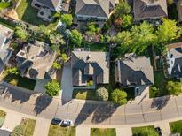 An aerial view of a charming home showcasing its well-maintained landscaping and peaceful neighborhood setting at 10631 Clarke Farms Dr, Parker, CO 80134