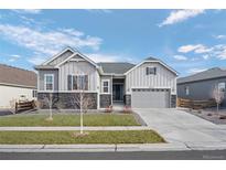 Charming home with a well manicured lawn, two car garage, and stylish gray exterior at 20272 Terrace View Dr, Parker, CO 80134
