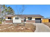 Ranch-style home with a charming brick facade, attached garage, and a well-maintained front yard on a sunny day at 436 Pluto Ct, Lone Tree, CO 80124