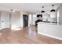 Modern kitchen with stainless steel appliances, white cabinetry, and wood floors at 1568 Verbena St, Denver, CO 80220