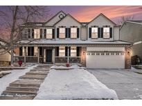 Two-story house with brick facade, attached garage, and snowy front yard at 10068 Darwin Ln, Highlands Ranch, CO 80130