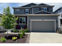 Two story home with two car garage, a tree, and a small front yard at 3953 John Ave, Castle Rock, CO 80104