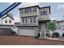 Under construction, rendering shows two-story home with two car garage and brick paver driveway at 1205 Highview Dr, Erie, CO 80516