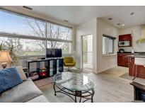 Bright living room featuring hardwood floors, large windows, and an open concept design with a modern kitchen at 2958 Syracuse St # 204, Denver, CO 80238