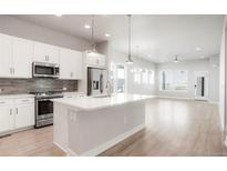 Modern kitchen features white cabinetry, stainless steel appliances, and a spacious island at 20968 E 60Th Pl, Aurora, CO 80019