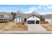 Beautiful home featuring a two-car garage, modern white paint, and gray roof at 17161 E Dewberry Dr, Parker, CO 80134