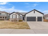Charming home with a three-car garage, white siding, and a well-maintained front yard at 17161 E Dewberry Dr, Parker, CO 80134