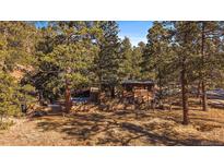 Charming log cabin nestled among the trees, featuring a stone foundation and natural landscaping at 121 Mary Beth Rd, Evergreen, CO 80439