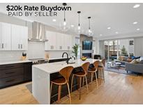 Modern kitchen with quartz counters, stylish pendant lights, and stainless steel appliances open to the home's living room at 2248 S Lincoln St, Denver, CO 80210