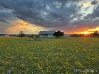 Beautiful home exterior at sunset with open field and cloudy sky, conveying peaceful rural living at 46531 Sundance Trl, Parker, CO 80138