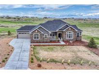 Beautiful single-story home with stone accents, a well-manicured lawn, and an attached two-car garage at 9727 Red Primrose St, Franktown, CO 80116
