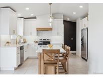 Bright kitchen features white cabinets, a large island, stainless steel appliances, and modern finishes at 10885 Longs Peak Ln, Parker, CO 80138
