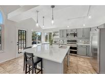 Bright kitchen with gray cabinetry, a center island with a white countertop, and stainless steel appliances at 1737 Jules Ct, Highlands Ranch, CO 80126