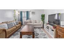 Bright living room with stylish decor, comfortable seating, and a large area rug at 381 S Ames St # B103, Lakewood, CO 80226
