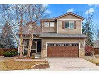 Charming two-story home featuring a well-maintained front yard and attached two-car garage at 10358 Kelliwood Way, Highlands Ranch, CO 80126