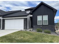 Modern home showcasing black and white exteriors, a white garage door, and manicured lawn at 8244 S Queen St, Littleton, CO 80127